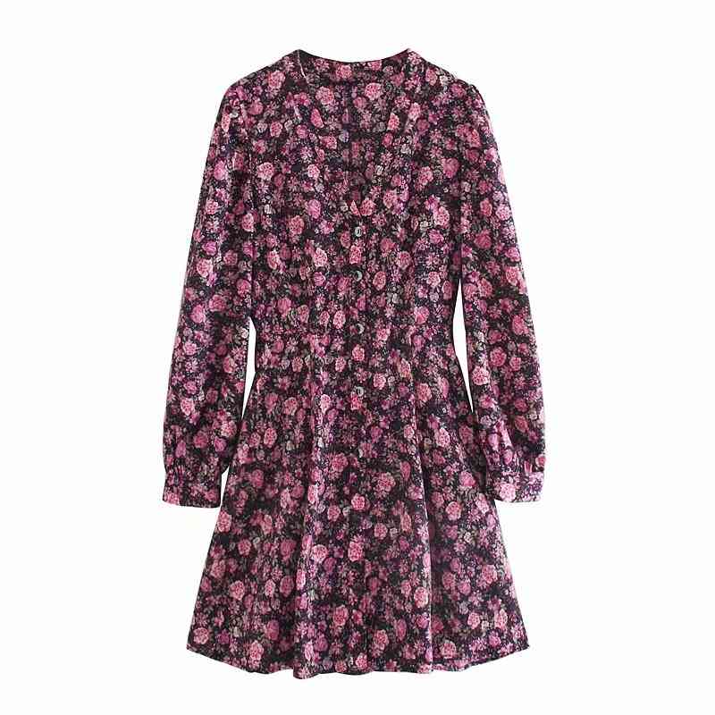 ZXOJ vintage flower print women mini dresses summer fashion v neck ladies casual button-fly female dress girls chic 210430