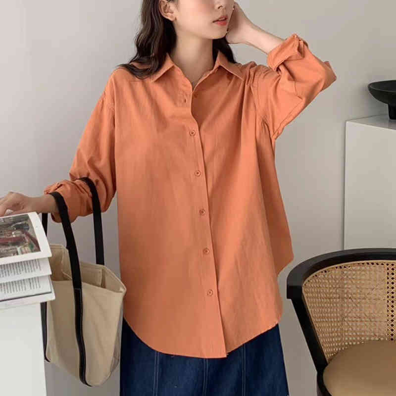 Early Autumn Korean Style Long Loose Retro Shirt Solid Color Sleeve Women Blouse Lazy Chemisier Femme 10320 210427