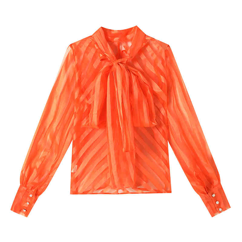 Striped Korean Blouse For Women Bow Collar Lantern Long Sleeve Casual Shirt Female Fashion Clothing 210524