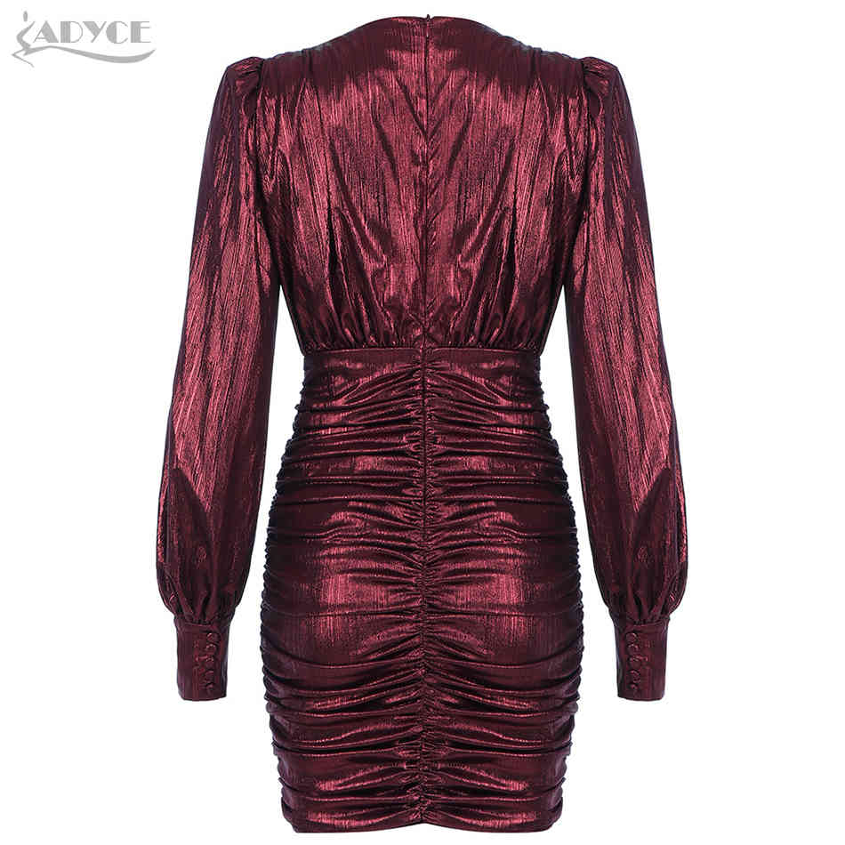 Winter Women Wine Red Long Sleeve V Neck Mini Club Dress Sexy Draped Buttons Celebrity Runway Party Bodycon 210423