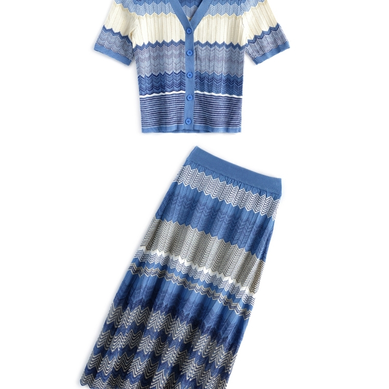 Summer Fashion Two Piece Set Wavy stripes Knitting Short sleeve Cardigans Top + High Waist Long Skirt Outfits 210519