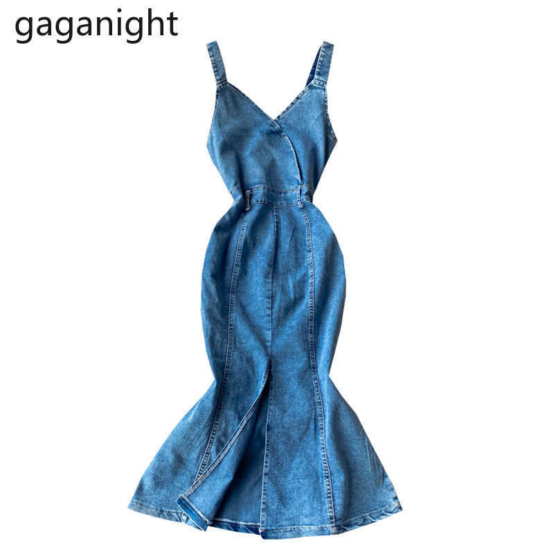 Womens Summer Denim Dresses Sexy V Neck Slim Spaghetti Straps Jeans Back Split Bodycon Long Trumpet 210601
