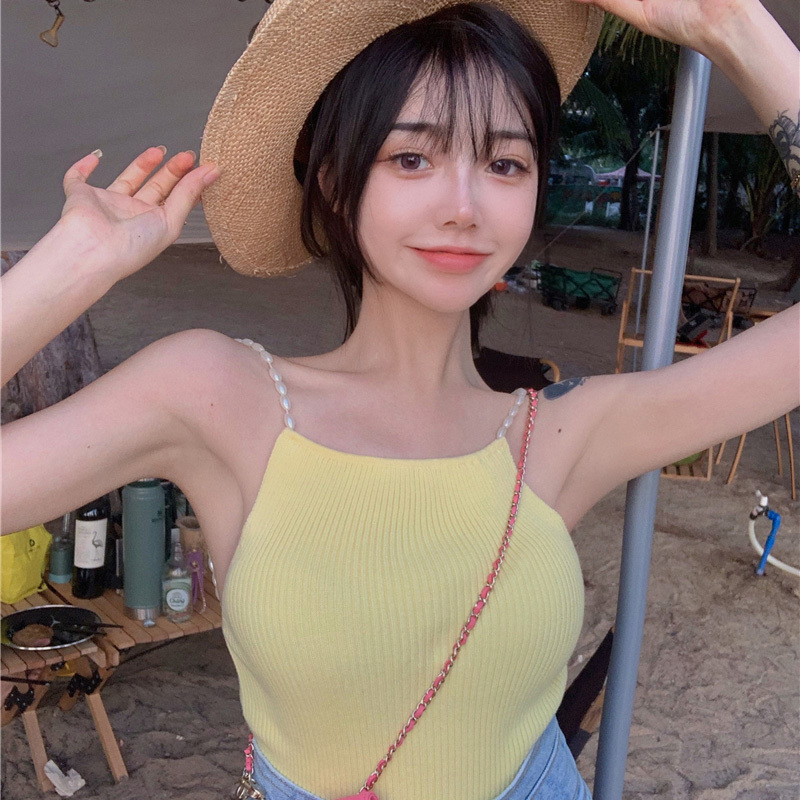 2 colors korean style camisole women Pearl tank tops female summer sleeveless cropped top womens (R99575) 210423