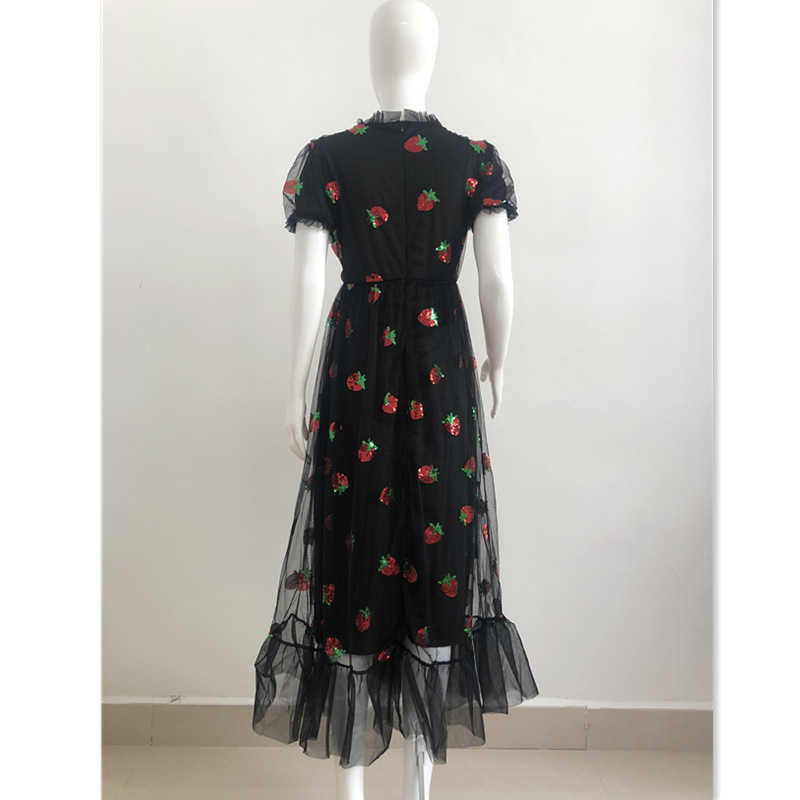 Sweet Strawberry Sequined Embroidery Cascading Ruffle Maxi Dress Women Summer V-Neck Puff Sleeve Bow Pink Tulle Mesh Long Dress 210630