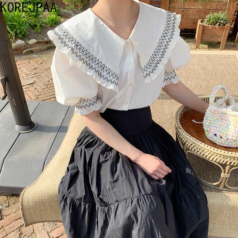 Korejpaa Women Sets Summer Korean Age-Reducing Lapel Contrasting Line Loose Puff Sleeve Shirt High-Waisted Slimming Skirts 210526, Blue shirt
Korejpaa Women Sets Summer Korean Age-Reducing Lapel Contrasting Line Loose Puff Sleeve Shirt High-Waisted Slimming Skirts 210526, Blue shirt