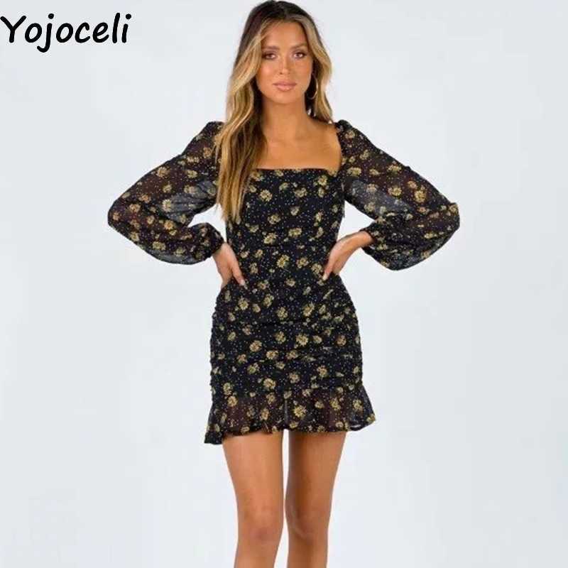 Yojoceli Elegant floral print ruffle dres Spring short chiffon beach casual Cool daily mini sexy vestidos 210609