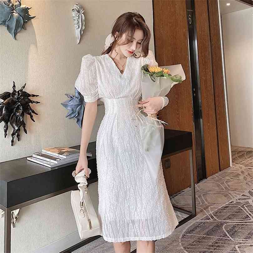 white Bubble sleeves Dress for women Summer Korea V neck Lace office Ladies Sexy Party Dresses 210602
white Bubble sleeves Dress for women Summer Korea V neck Lace office Ladies Sexy Party Dresses 210602