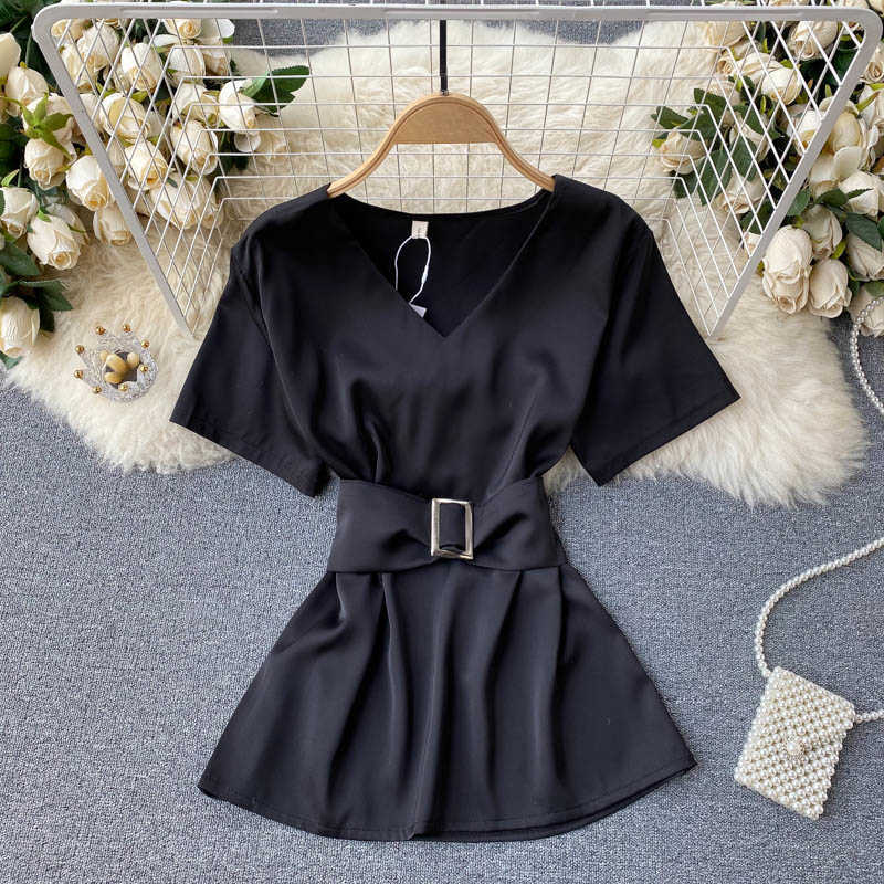 Women's Shirt White Black Short Sleeve V-neck Summer Blouse Korean Fashion Belted Casual Work Office Wear Tops 210603