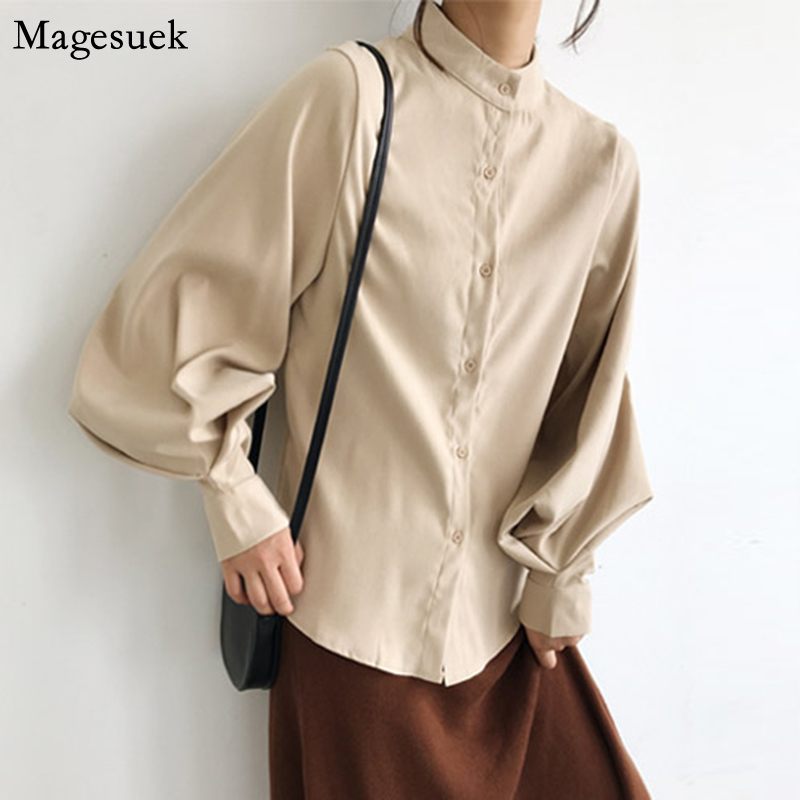Women Shirt Blouses Lantern Long Sleeve Plus Size Solid Stand Collar Casual Blouse For Blusas 2516 210512