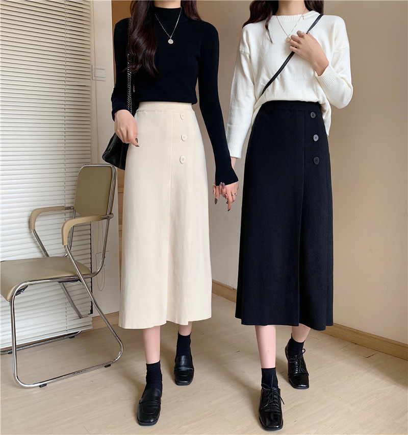 Nomikuma Autumn Winter Women Knitted Skirts Korean Buttons High Waist Causal A-line Sweater Skirt Faldas Mujer 6D412 210427