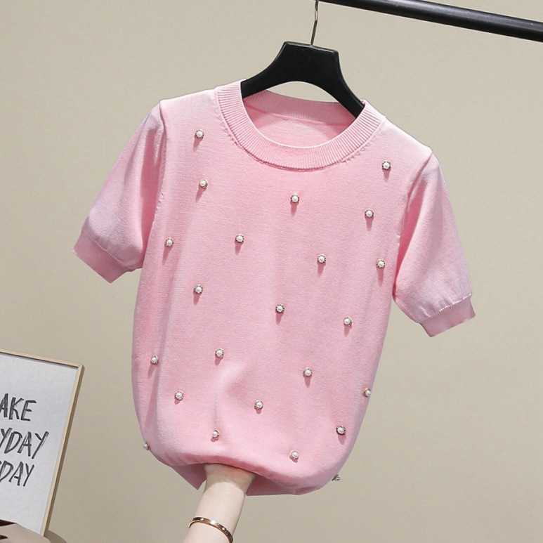 VANOVICH Summer Fashion Knit T Shirts Beaded Round Collar Casual Ladies Short-sleeved Korean Style ops Female 210615, Black
VANOVICH Summer Fashion Knit T Shirts Beaded Round Collar Casual Ladies Short-sleeved Korean Style ops Female 210615, Black