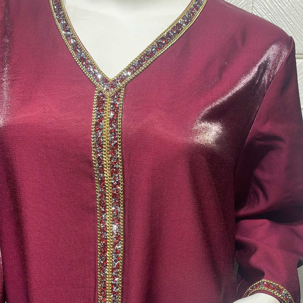 Siskakia Jalabiya Long Sleeve Maxi Dress for Women Fall Dubai Abaya Fashion Diamond Ribbon V Neck Muslim Arabic Robe 210630