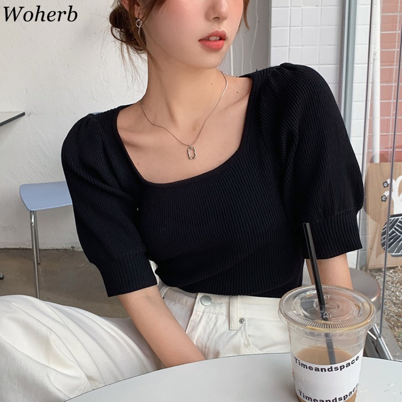 Chic Knitted T-shirt Women Summer Korean Tees Square Neck Puff Sleeve Slim Thin Tops 1 Fashion Sweet Shirts 210519