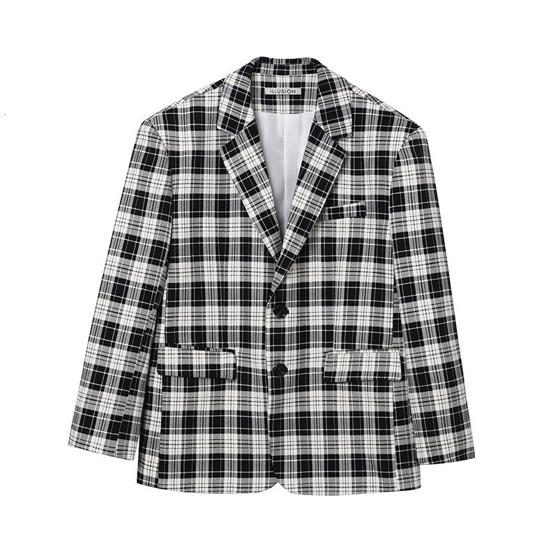 IEFB Spring Summer Korean Loose Vintage Black White Plaid Blazer Men's Temperament Lattice Notched Long Sleevc Suit 9Y7558 210524