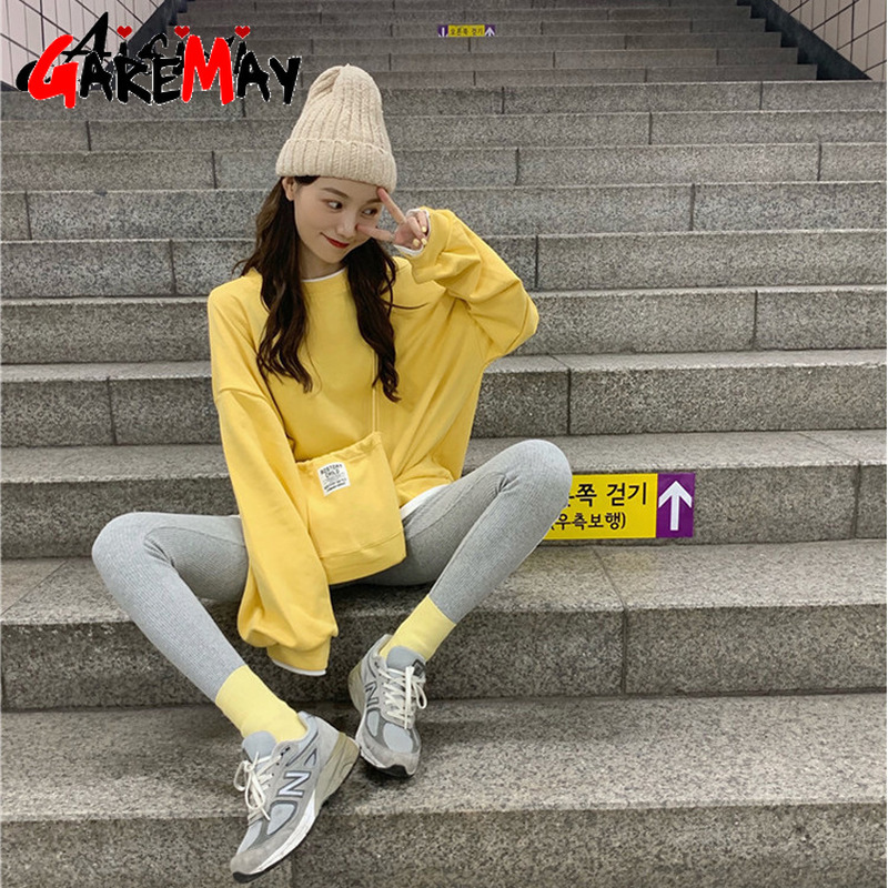 Autumn Loose Coloured Sanitary Clothes + Bottom Pants 2piece set women two piece outfits pink 210428