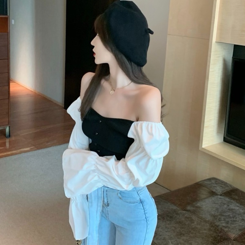 Sexy Tops Woman Sweaters Slash Neck Spring Patchwork Mujer Sueteres Short Slim Ins Pull Femme Clothes 19418 210415