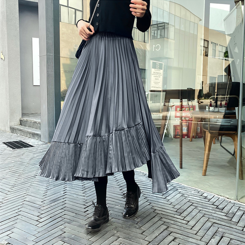 OL Elegant Women High Waist Vintage Irregular Pleated Skirt Autumn Winter Formal Plus Size Solid Long Skirts Womens 210421