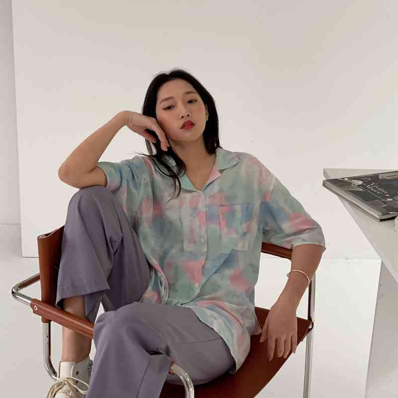 Femme High Street Printed Oversize Gentle Short Sleeves Tops Dying OL Students Casual Summer Brief Outwear Shirts 210421
