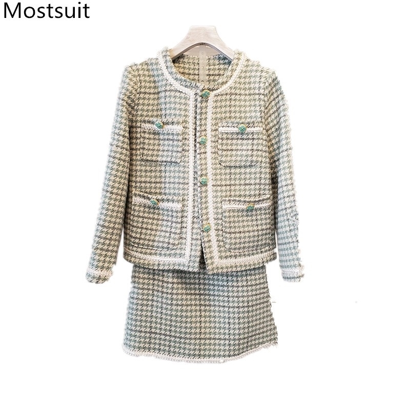 Vintage Elegant Tweed Houndstooth Two Piece Sets Women Autumn Winter Long Sleeve Coat + A-line Skirt Suits High Quality Set 210518, Green
Vintage Elegant Tweed Houndstooth Two Piece Sets Women Autumn Winter Long Sleeve Coat + A-line Skirt Suits High Quality Set 210518, Green
