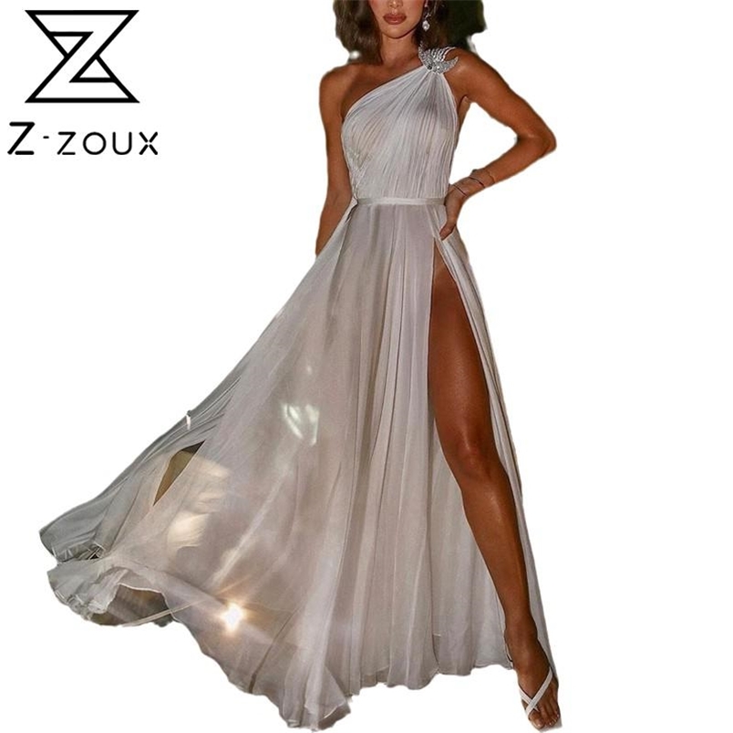 Women Dress Temperament Party es Diagonal Collar One Shoulder Maxi es Split High Waist Plus Size Sexy 210513