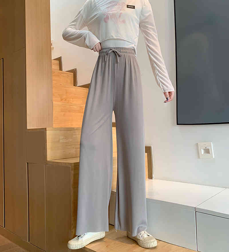Pants & Capris Solid Thin Loose Elastic High Waist Pink Wide Leg Pant Drawstring Casual Chic Korean Wild Women Clothing Bottom 210429