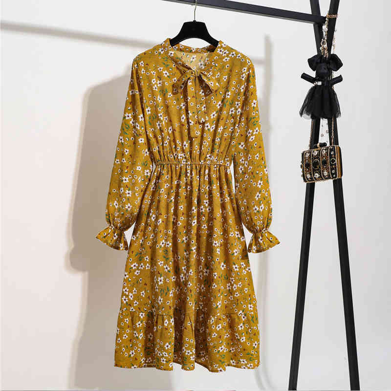 Robe Spring Long Sleeve Vintage Floral Chiffon Dress Elegant Bow High Waist Pleated Maxi Summer 8824 50 210427