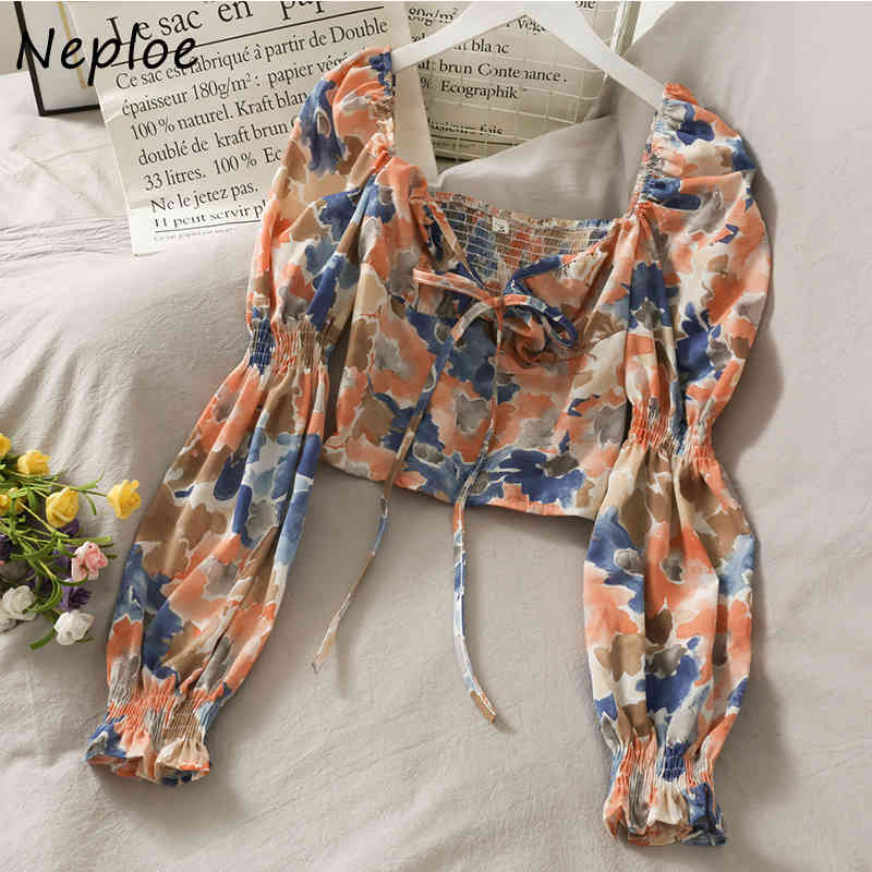 Neploe Square Collar Clavicle Exposed Sexy Blouse Women Vintage Print Slim Fit Blusas Spring Long Sleeve Shirt Femme 210510