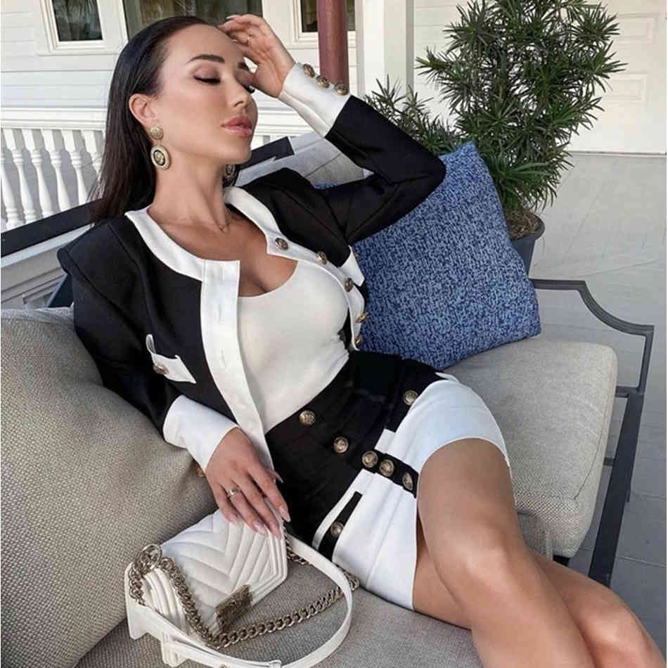 Aummer 2 Piece Suit Patchwork Black White ONeck Long Sleeve Pocket Button Mini Hip Skirt Female Set 210525