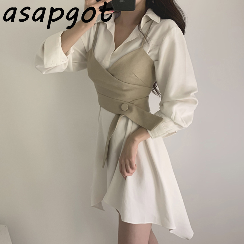 Sexy Camisole Tops Chic Retro Slim Fashion Waist Solid Turn Down Collar Irregular Shirts Dress Women Office Lady Temperament 210429