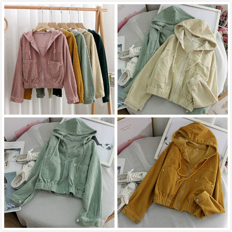 Free Women's Corduroy Hooded Jacket Fashion Bat Long Sleeve Pocket Loose Short Sportswear 210524