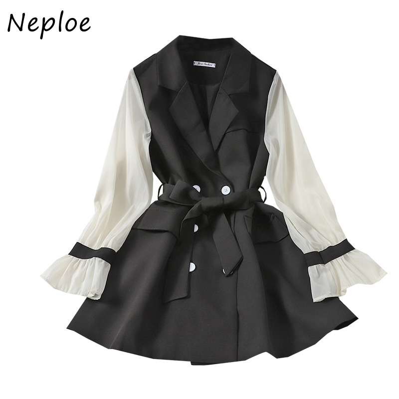 Neploe Women Dress Autumn Fashion Patchwork Chiffon Long Sleeve Sashes Temperament Notched Collar Korean Gentleness Dresses 210422
