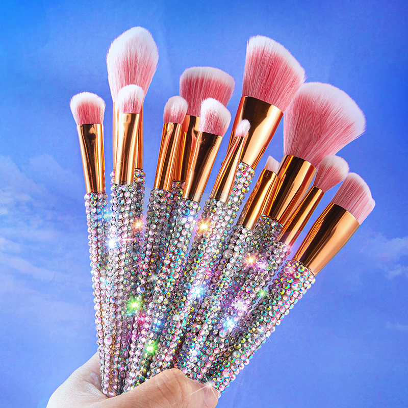 Bling 12Pcs Rhinestone Hair Diamond Glitter With Shiny Handle Makeup Brush Set For Women