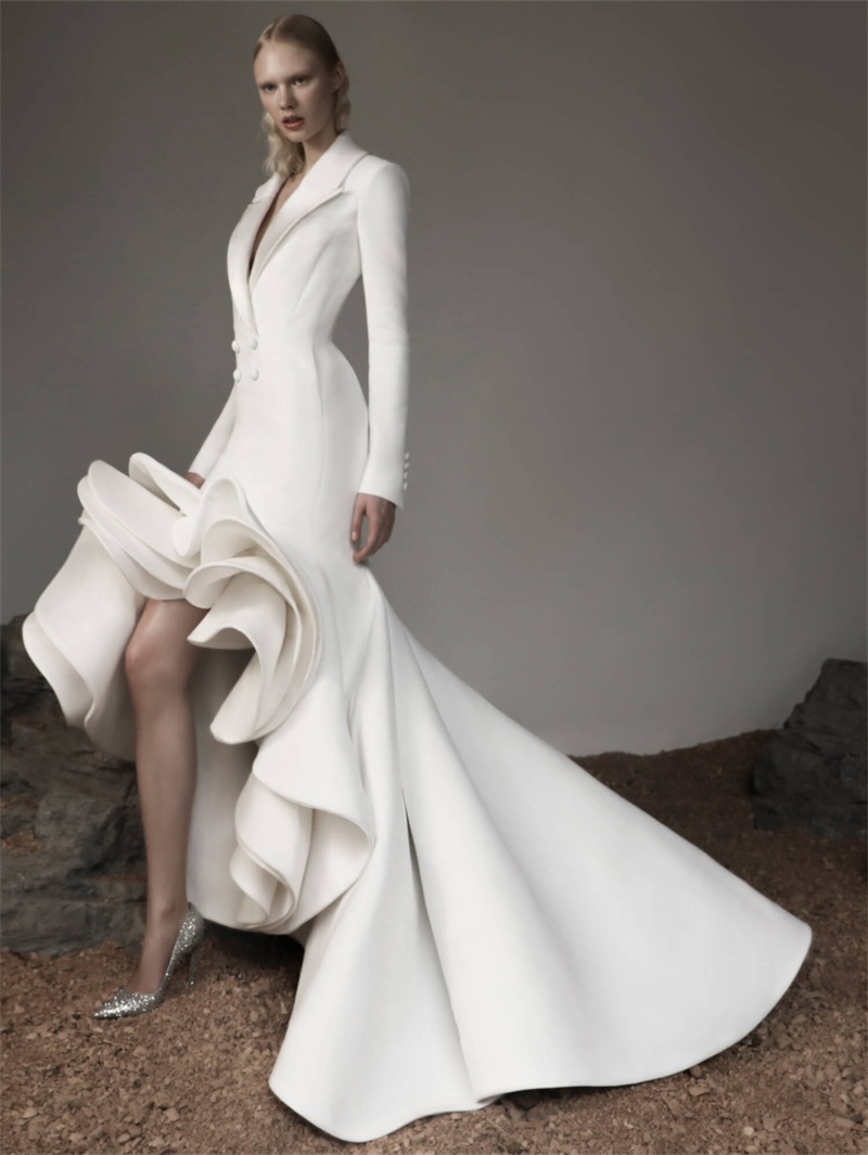 Formal Women Suit Evening Dresses Double Breasted Deigner Robe De Soirée Custom Made Tiered Satin Prom Gown