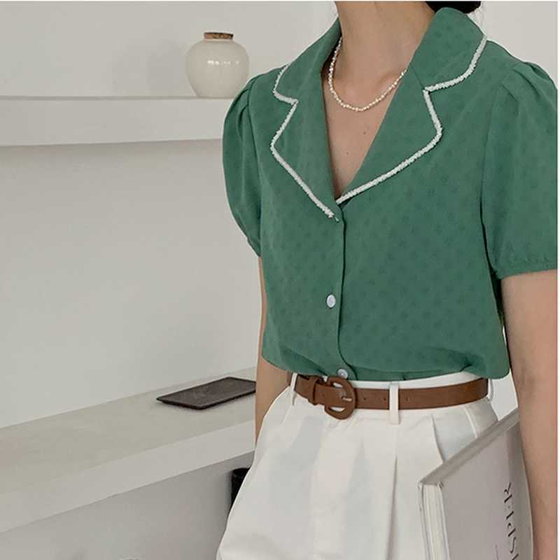 French Style Vintage Blouses for Women Summer All-match V-neck Short Sleeve Shirts Casual Fresh Loose Soft Woman Tops 210525