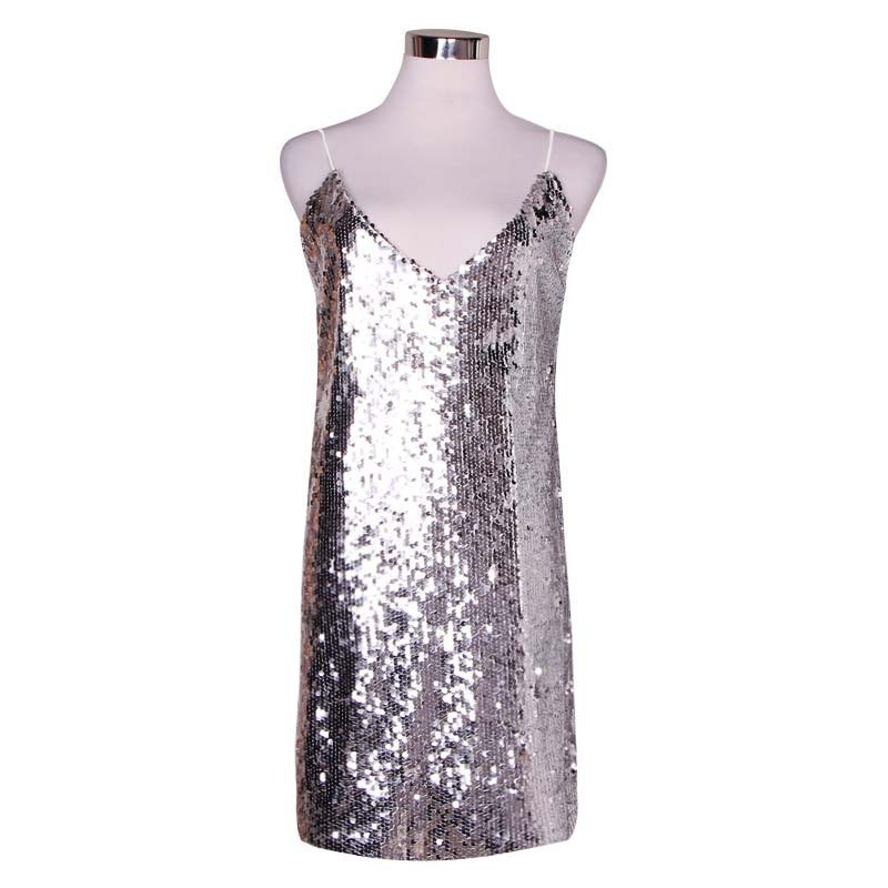 Spring Deep V Neck Silver Sequined Backless Sexy Dress for Women Off Shoulder Tank Top Party Club Strap es women's 210428