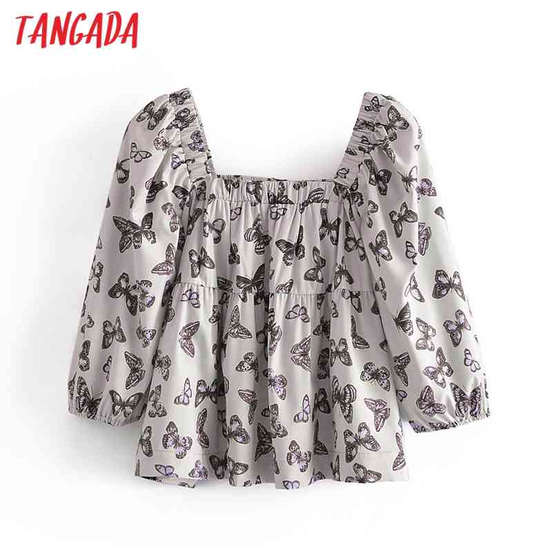 Women Retro Print Butterfly Crop Square Collar Chic Female Loose Shirt Tops 3A55 210416