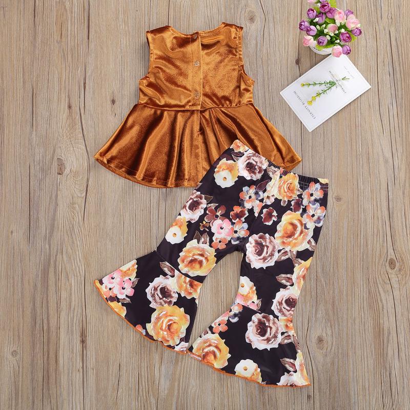 Clothing Sets Toddler Baby Girls Fall Clothes Sleeveless Ruffle Tee Top + Floral Bell-Bottom Pants 2Pcs Outfits Set
