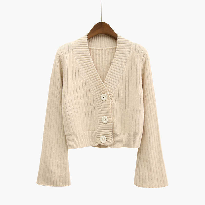 Cardigan Fall Long Flare Sleeve Short Sweater Women Ribbed Knitted Cotton Tops Black White Ladies Soft Outwear Female 10937 210528wtt