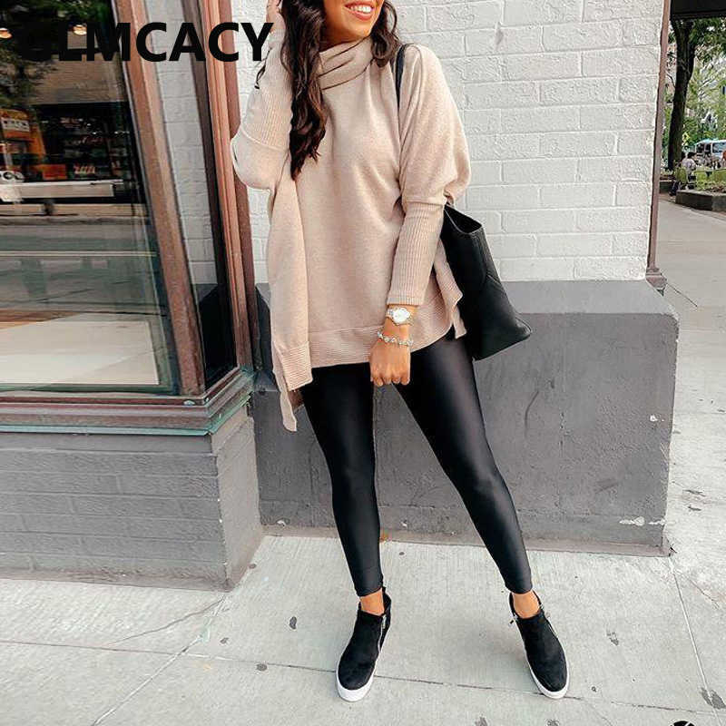 Women Batwing Sleeve Casual Solid Sweater Top Turtle Neck Slit Jumpers 210702