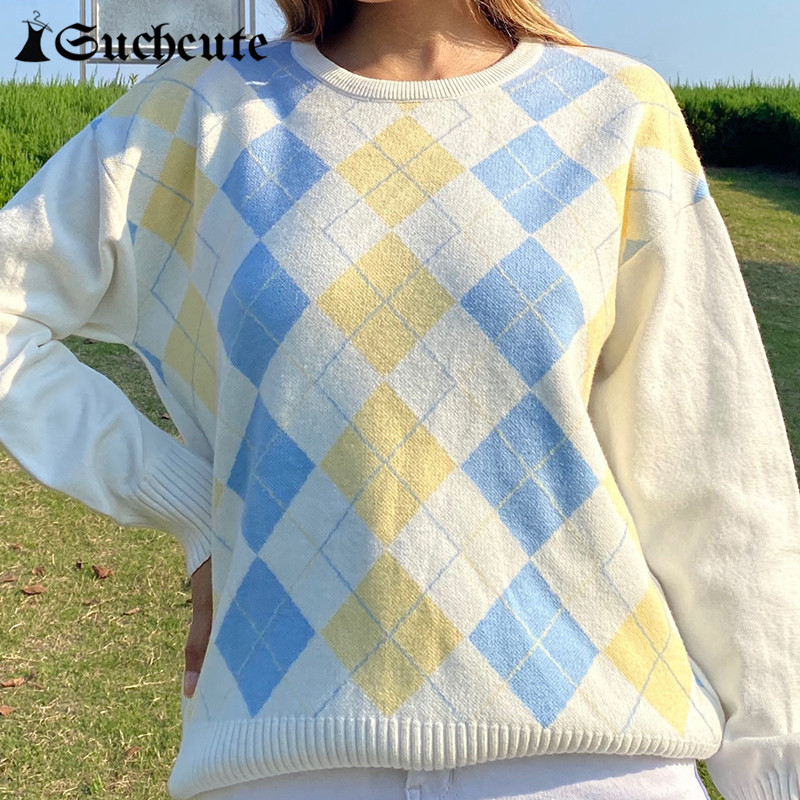 Women's Sweaters Argyle Plaid Cute Sweater Women Pullover Y2K Preppy Style O Neck Long Sleeve Knitted Autumn Streetwear VWVI, Khaki 
Women's Sweaters Argyle Plaid Cute Sweater Women Pullover Y2K Preppy Style O Neck Long Sleeve Knitted Autumn Streetwear VWVI, Khaki