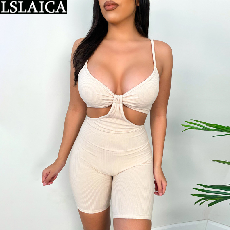 Women's Jumpsuit Solid Color Hollow Out Criss-cross Bandage Crop Top&short Pants Women Fashion Overalls 210520