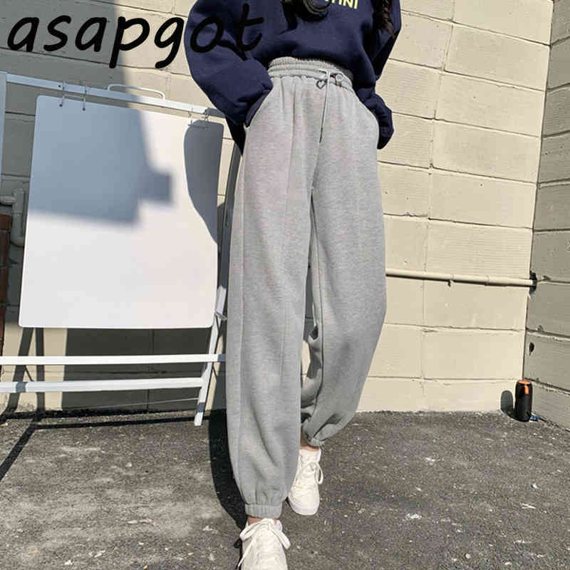 Autumn Winter Thick Cotton Fleece Joggers Sweatpants Loose Wild High Waist Solid Plus Size White Harem Pants Women Casual Chic 210429