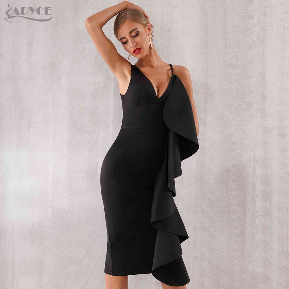 Summer Women Celebrity Evening Runway Party Dress Vestidos Sexy Sleeveless Ruffles Black Midi Bodycon Club 210423