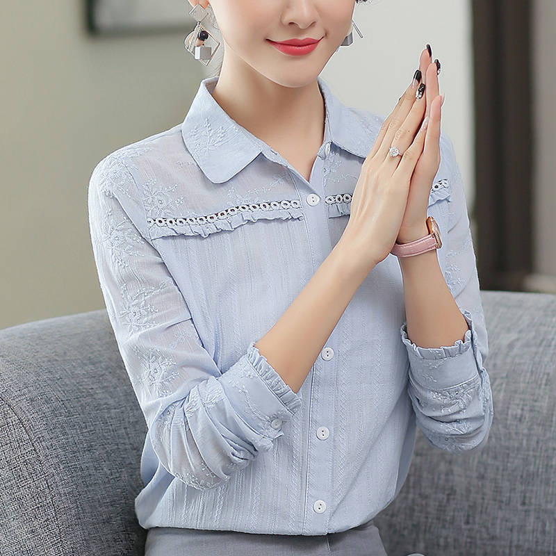 100% Cotton White Blouse Spring Autumn Office Lady long sleeve Turn-down Collar Women Shirts Embroidery Ladies Tops Bluse D197 210512