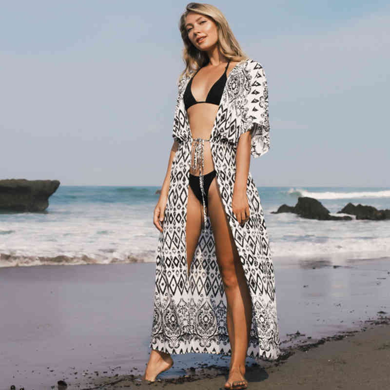 Sexy Bikini Cover-ups Cotton Tunic Boho Printed Summer Beach Dress Elegant Women Plus Size Wear Swim Suit Cover Up Q1114 210420