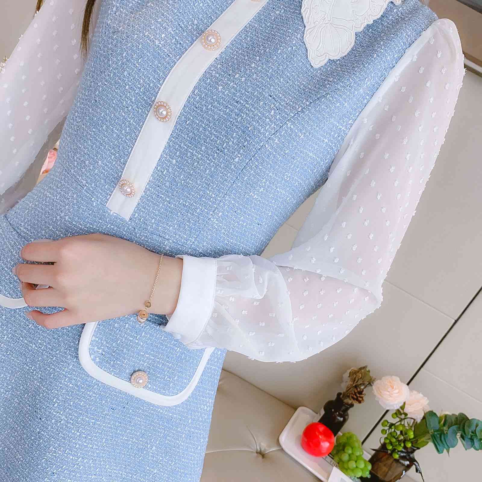 Women Autumn And Winter Blue Chiffon Patchwork Tweed Woolen Dresses Ladies Embroidery Turndown Collar Chic Vestidos 210520
