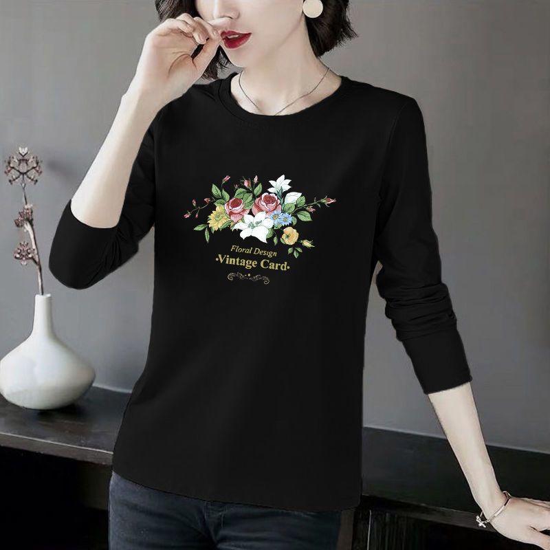 Women Cotton Tshirt Spring Summer O Neck Print Long Sleeve Loose Pullover T-shirt Female White Black Tee Shirt Plus Size 4XL 210522