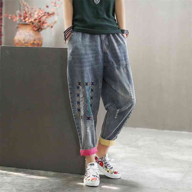 Spring Korea Fashion Women Elastic Waist Denim Harem Pants Patchwork embroidery Loose Ripped Jeans Plus Size S634 210512