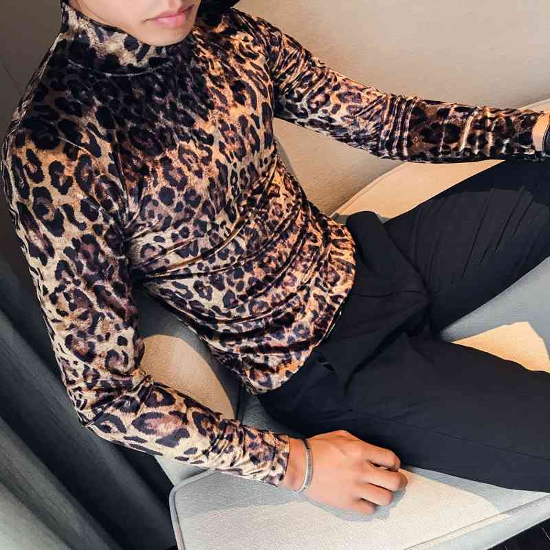 Leopard Velvet T Shirt Men Long Sleeve Casual Slim Fit Tshirt Vintage half Turtleneck Man Streetwear club Tops Tees Clothing 210527