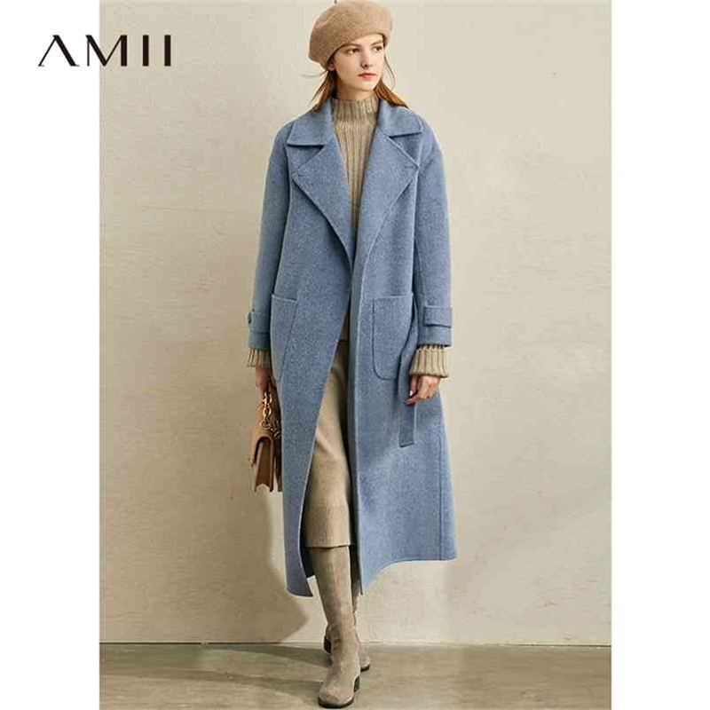 Winter Double Woolen Coat Fashion Women Solid Lapel Pockets with Belt Loose Elegant Female 11940636 210527